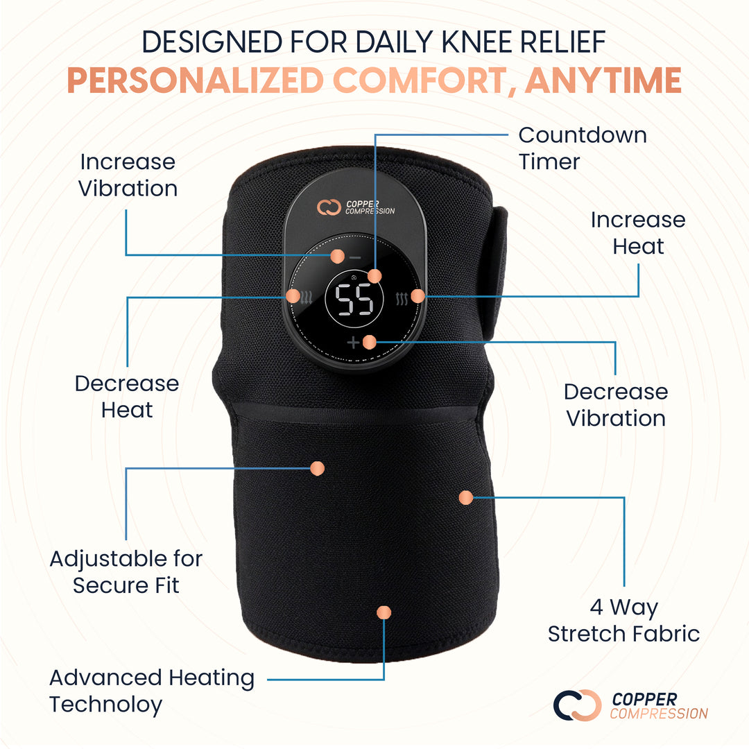 CopperVibe™ Vibrating and Heat Knee Massager for Everyday Knee Soreness and Stiffness, 3 Heat and Vibration Levels, Cordless Rechargeable Wrap with Adjustable Strap, One Size, Black