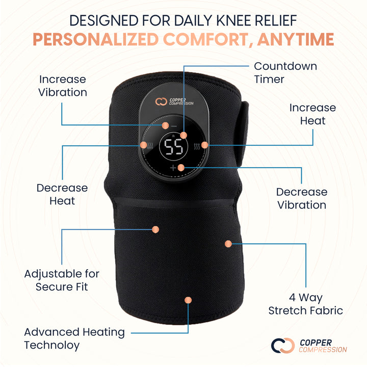 CopperVibe™ Vibrating and Heat Knee Massager for Everyday Knee Soreness and Stiffness, 3 Heat and Vibration Levels, Cordless Rechargeable Wrap with Adjustable Strap, One Size, Black