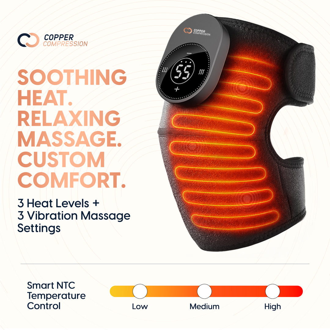 CopperVibe™ Vibrating and Heat Knee Massager for Everyday Knee Soreness and Stiffness, 3 Heat and Vibration Levels, Cordless Rechargeable Wrap with Adjustable Strap, One Size, Black