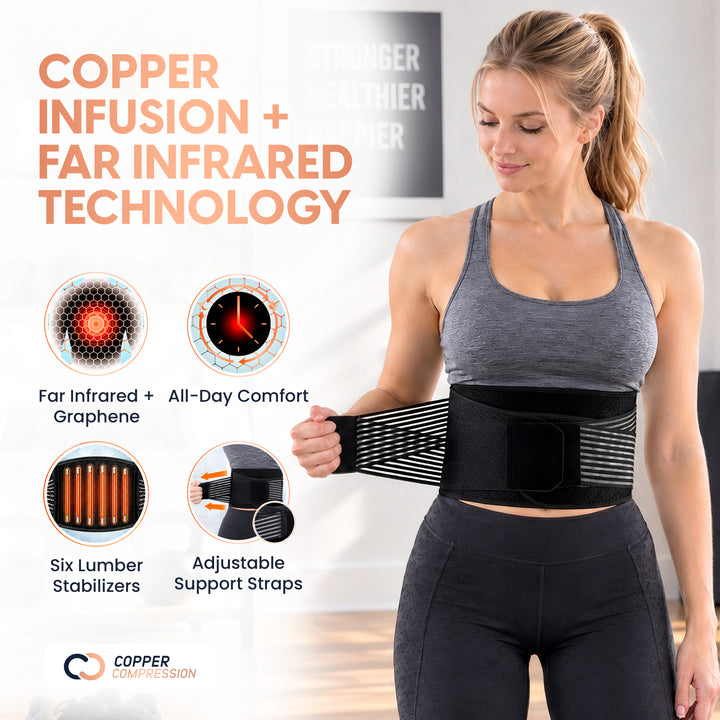 CopperCore™ Infrared Energy Back Brace by Copper Compression For Lower Back Pain, Sciatica & Posture, 6 Stabilizers, Adjustable Straps, Graphene & Copper Infused Lumbar Support Belt