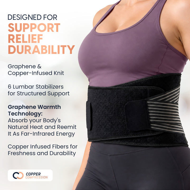 CopperCore™ Infrared Energy Back Brace by Copper Compression For Lower Back Pain, Sciatica & Posture, 6 Stabilizers, Adjustable Straps, Graphene & Copper Infused Lumbar Support Belt