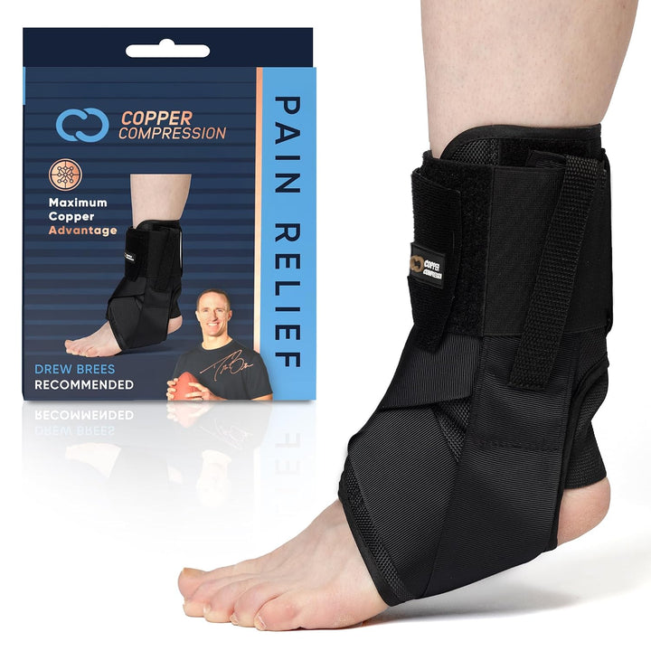 Copper Compression Ankle Brace - Adjustable Lace Up Support - Adjustable Straps for Sprains, Swelling, Injury & Sports – Breathable Neoprene Sleeve with Copper Infused Fabric for Men & Women - S/M