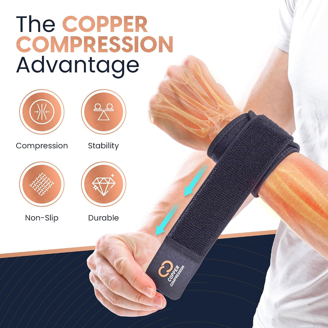 Copper Compression Wrist Wraps – Adjustable Copper Infused Wrist Support for Weightlifting, Workouts, Injury Recovery, Carpal Tunnel, Tendonitis, and Pain Relief – Breathable and Comfortable Straps
