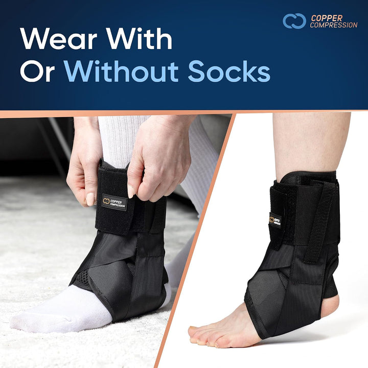 Copper Compression Ankle Brace - Adjustable Lace Up Support - Adjustable Straps for Sprains, Swelling, Injury & Sports – Breathable Neoprene Sleeve with Copper Infused Fabric for Men & Women - S/M